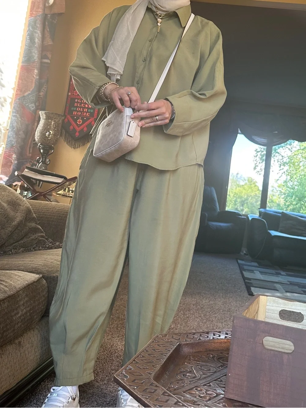 Relaxed Olive Green Matching Set with Light Beige Crossbody